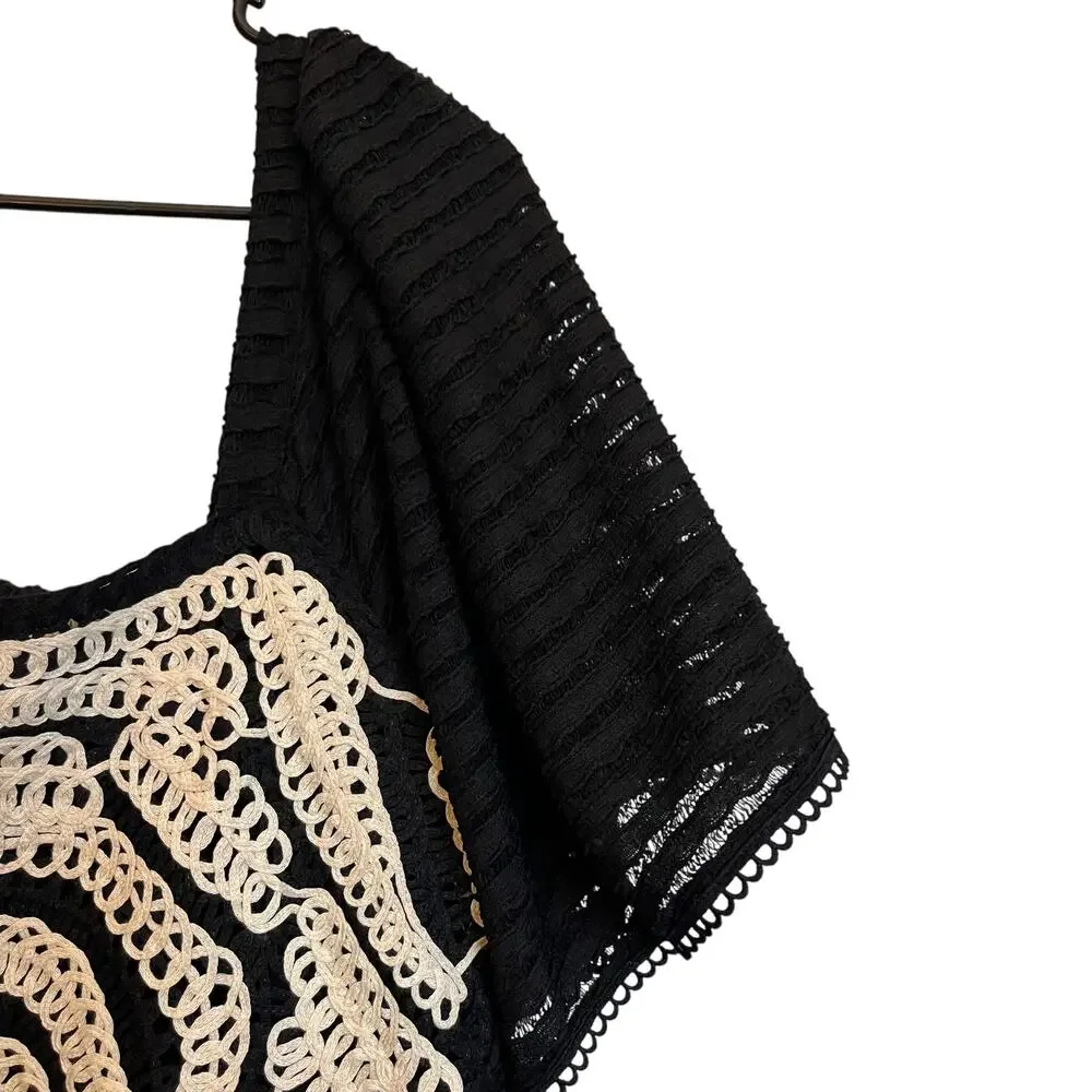 Anthropologie Sarah Hann Black Flutter-Sleeve Crochet Top Embroidered Babydoll L